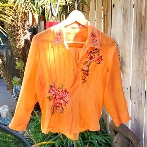 Johnny Was Sheer 3/4 Sleeve, Small Orange Blouse